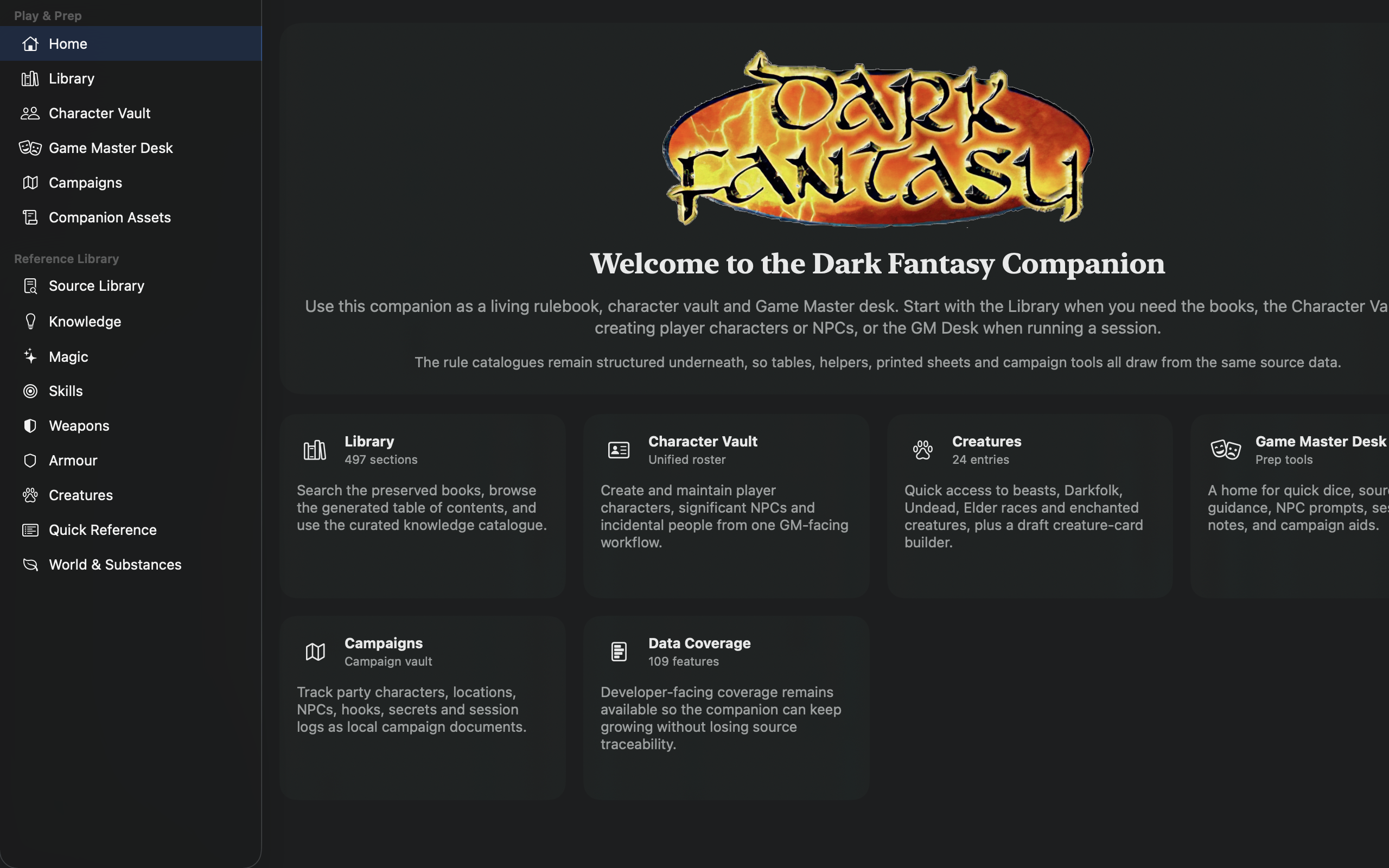 Dark Fantasy Companion home screen on Mac
