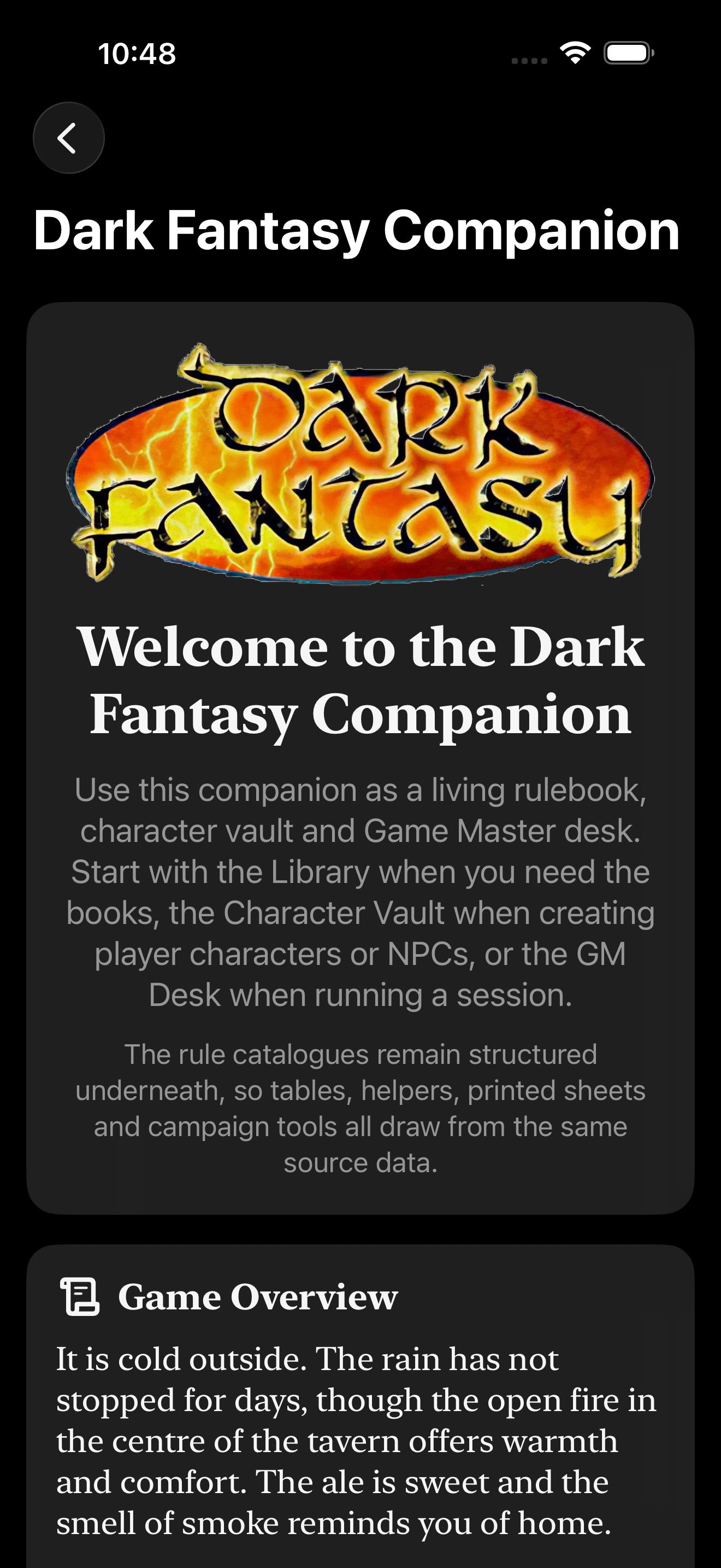 Dark Fantasy Companion home screen on iPhone